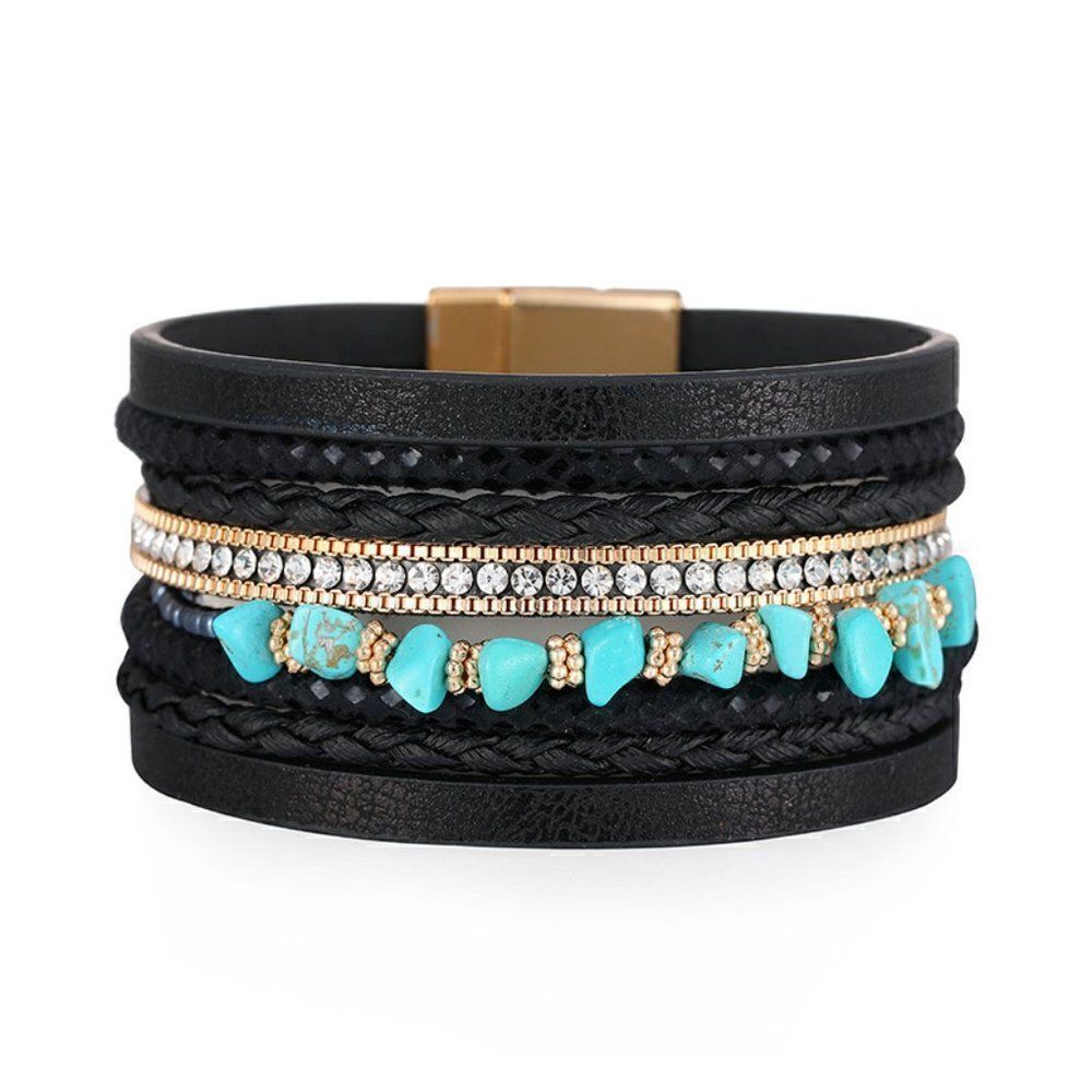 Bohemian Western Irregular Turquoise Diamond Wide-Brimmed Leather Bracelet